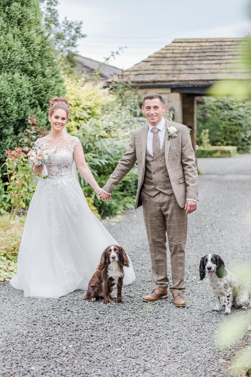 bride and groom walking down drive way with two dogs